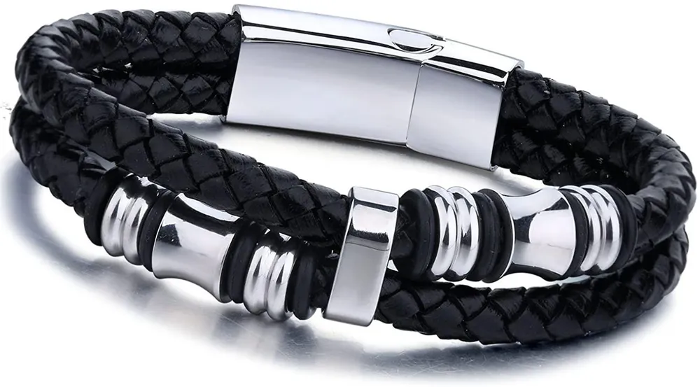 Stainless Steel Mens Braided Leather Bracelet Bangle Rope Magnetic-Clasp 8 Inch - Grocery