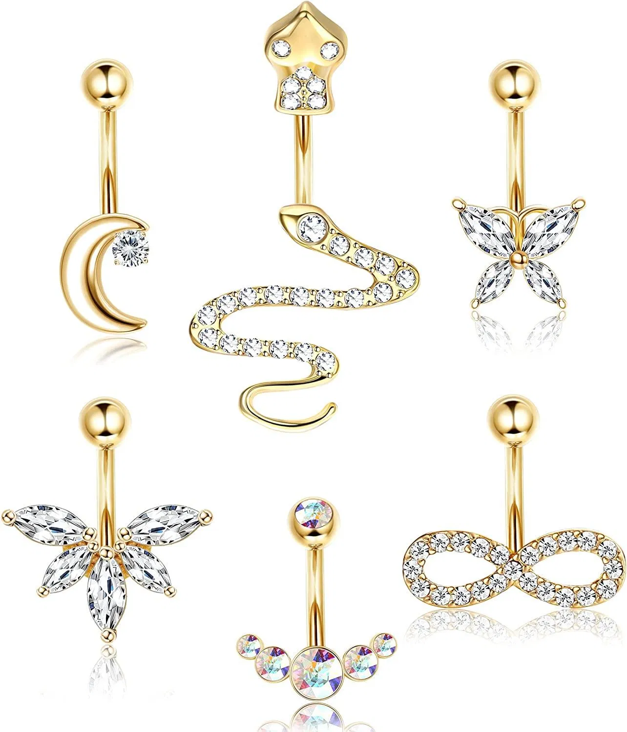 6Pcs 14G Belly Button Rings Dangle for Women Stainless Moon Infinity Butterfly Curved Navel Rings CZ Body Piercing Jewelry - Grocery