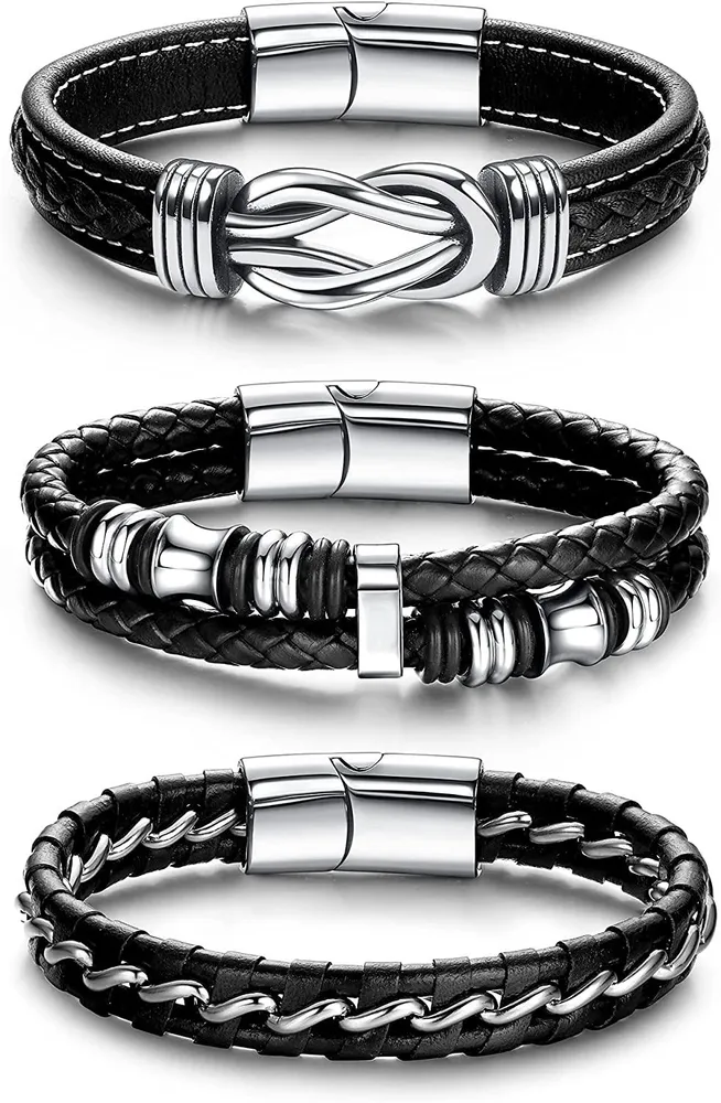 3Pcs Braided Leather Bracelets for Men Women Leather Wrap Bracelet Wrist Cuff with Stainless Magnetic Clasp 7.5-8.5 inches - Grocery