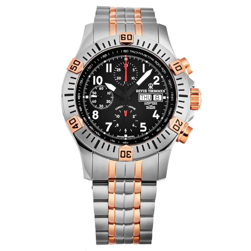 Revue Thommen 16071.6154 Men's 'Air speed' Black Dial Chronograph Day-Date Two-Tone Swiss Automatic Watch - Grocery