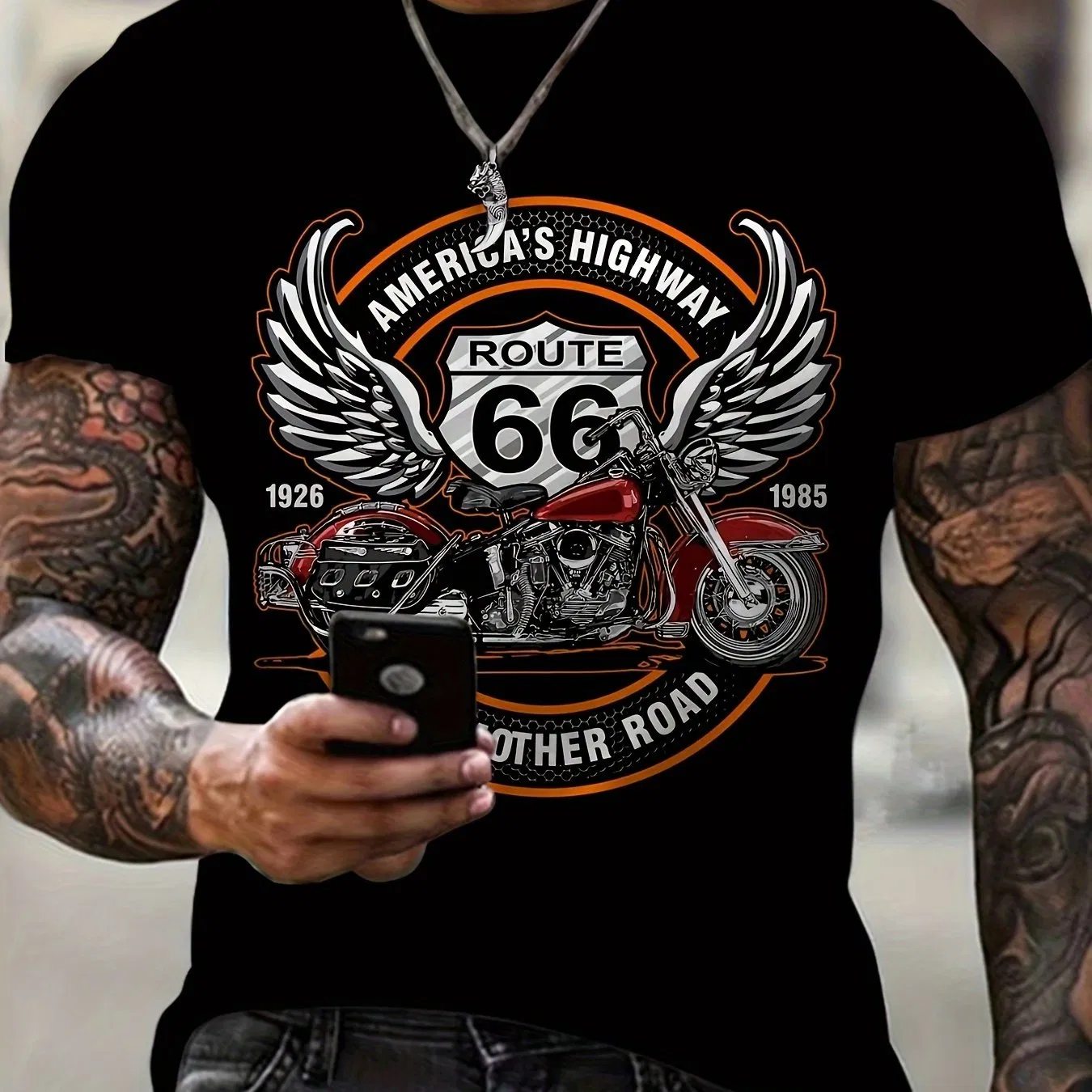 3D Route 66 Motorcycle Printed Men's Fashion Color Block Short Sleeve Round Neck T-shirt, Summer Outdoor - Grocery