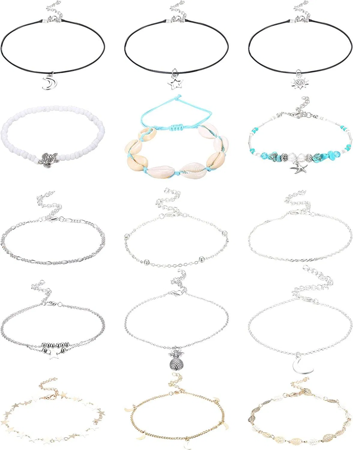 16Pcs Beach Anklets Bracelets for Women Foot Boho Beach Anklet Chain Foot Starfish shell rice beads Anklet Adjustable Cute Anklet Set - Grocery