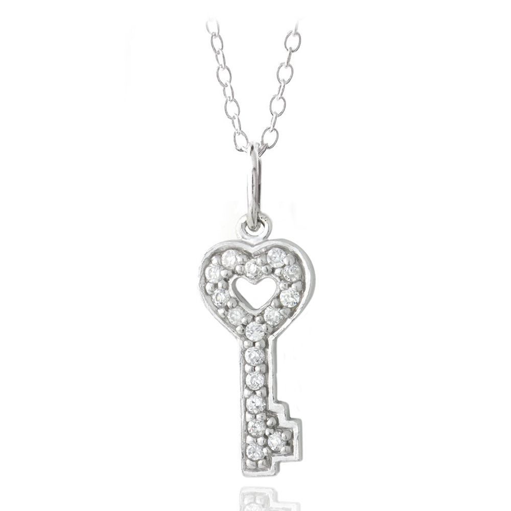 Sterling Silver CZ Heart Key Novelty Necklace - Grocery