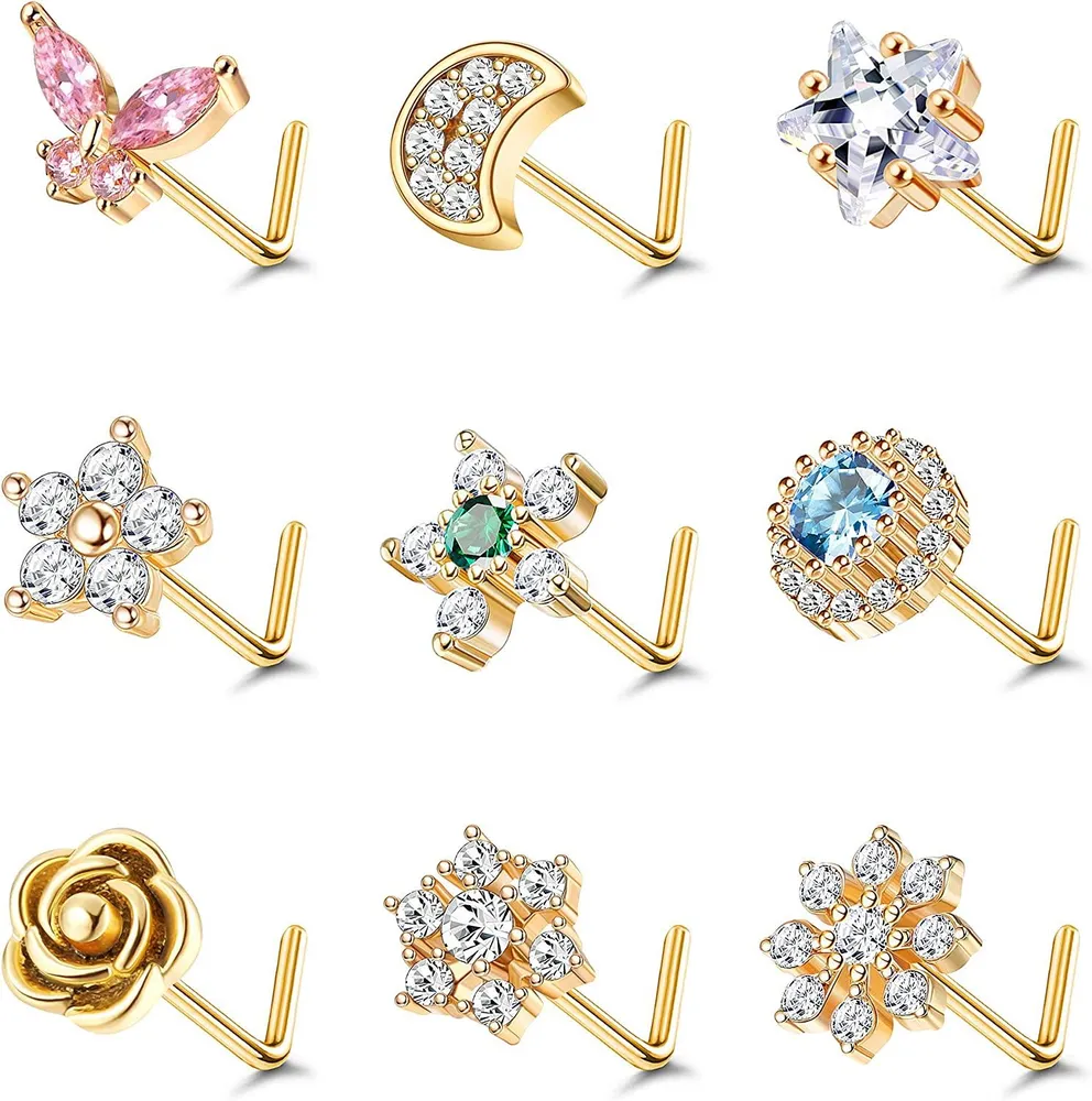 9Pcs 20G Stainless Steel Nose Rings Stud L Shape Moon Star Butterfly Flowers Snowflake CZ Nose Body Piercing Ring for Women Men - Grocery