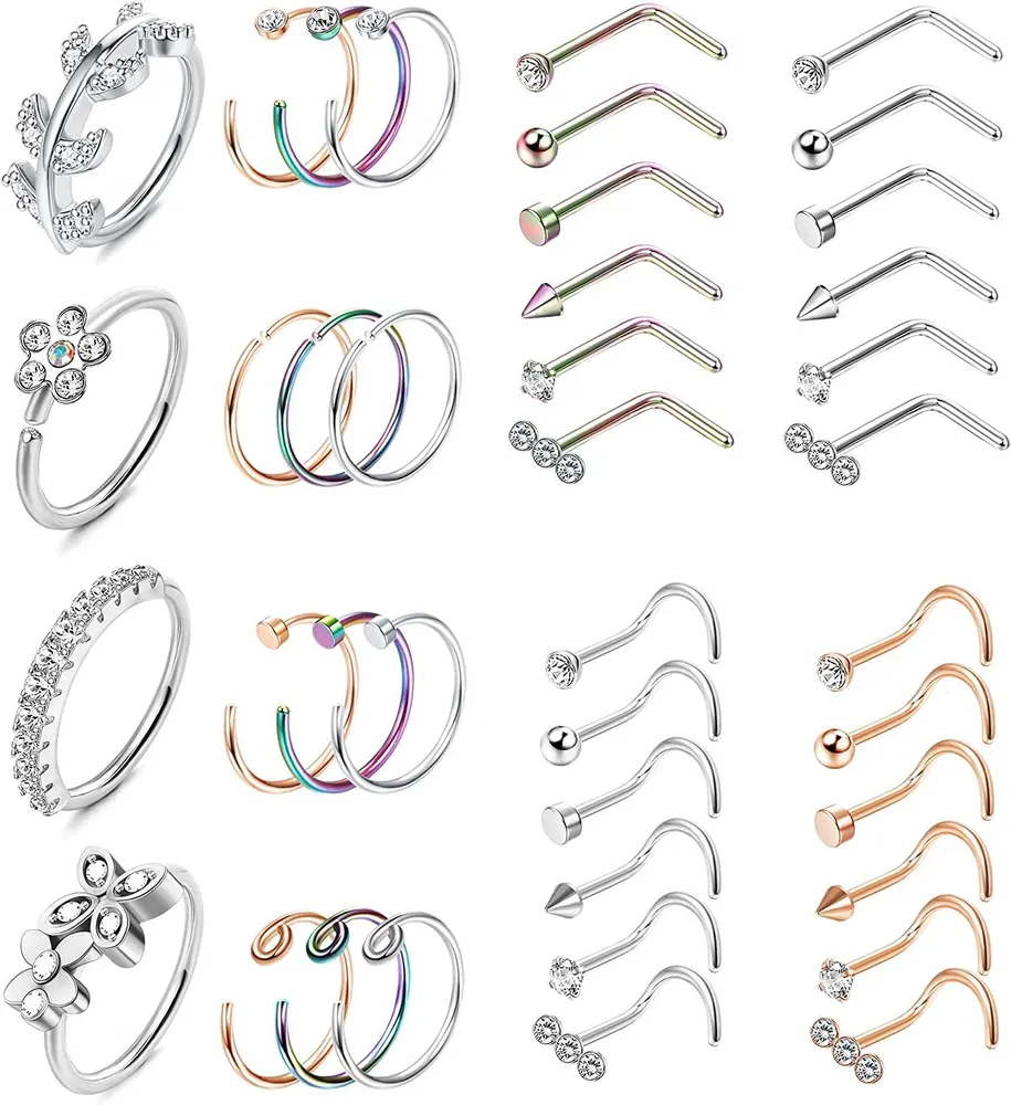 40Pcs 20G Nose Rings Studs Stainless Nose Rings Hoop for Women Men L Shape Screw Nose Studs Nostril Nose Piercing for Women Men - Grocery