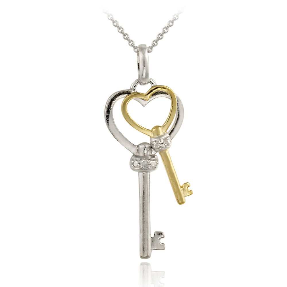 Sterling Silver Two-Tone Diamond Accent Double Heart Key Pendant - Grocery