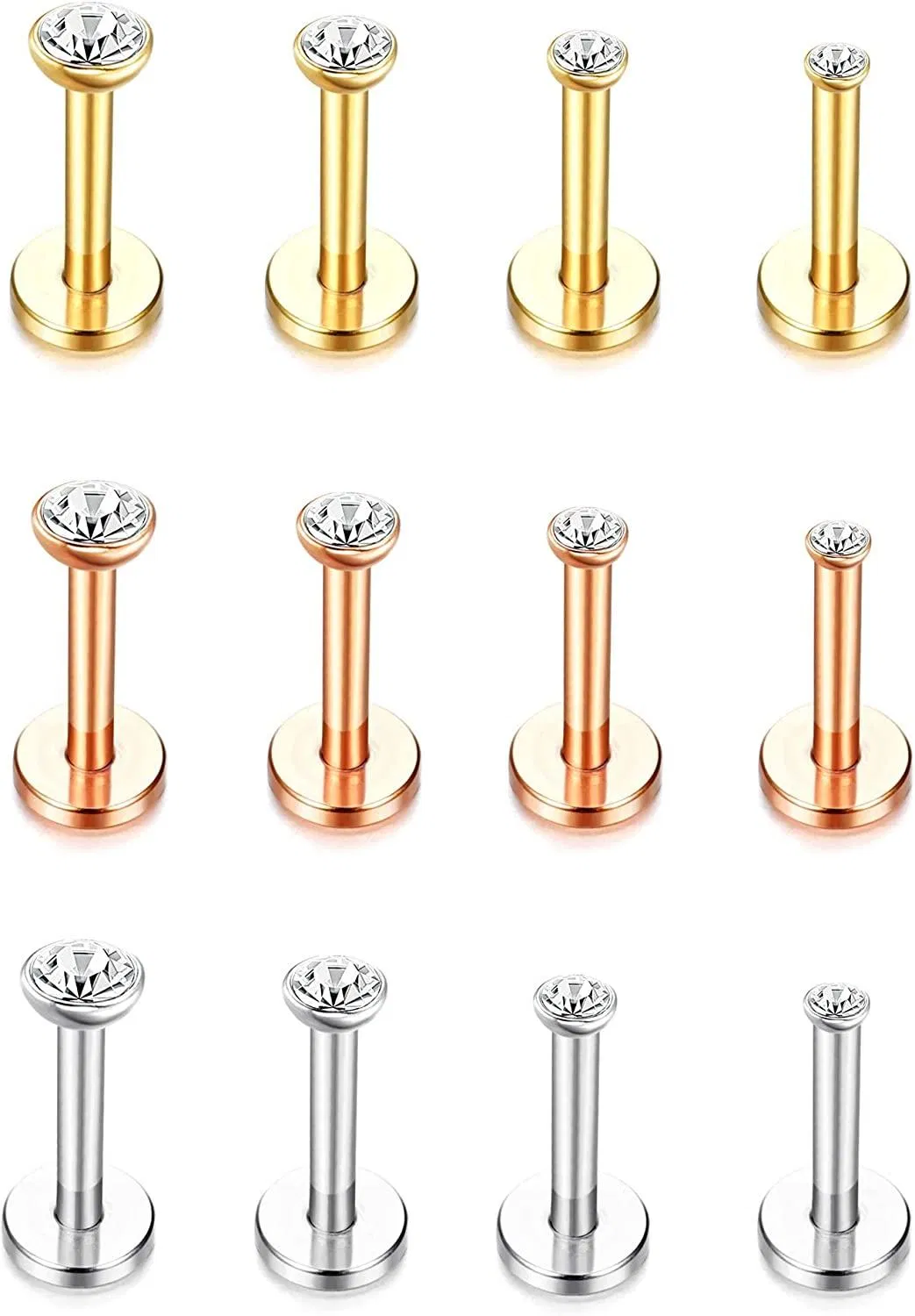 12Pcs 16G 316L Stainless Labret Monroe Lip Rings Opal CZ Ball Cartilage Helix Tragus Nose Piercing - Grocery