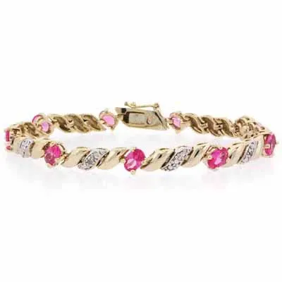 18K Gold over Sterling Silver Created Pink Sapphire & Diamond Accent San Marco Bracelet - Grocery