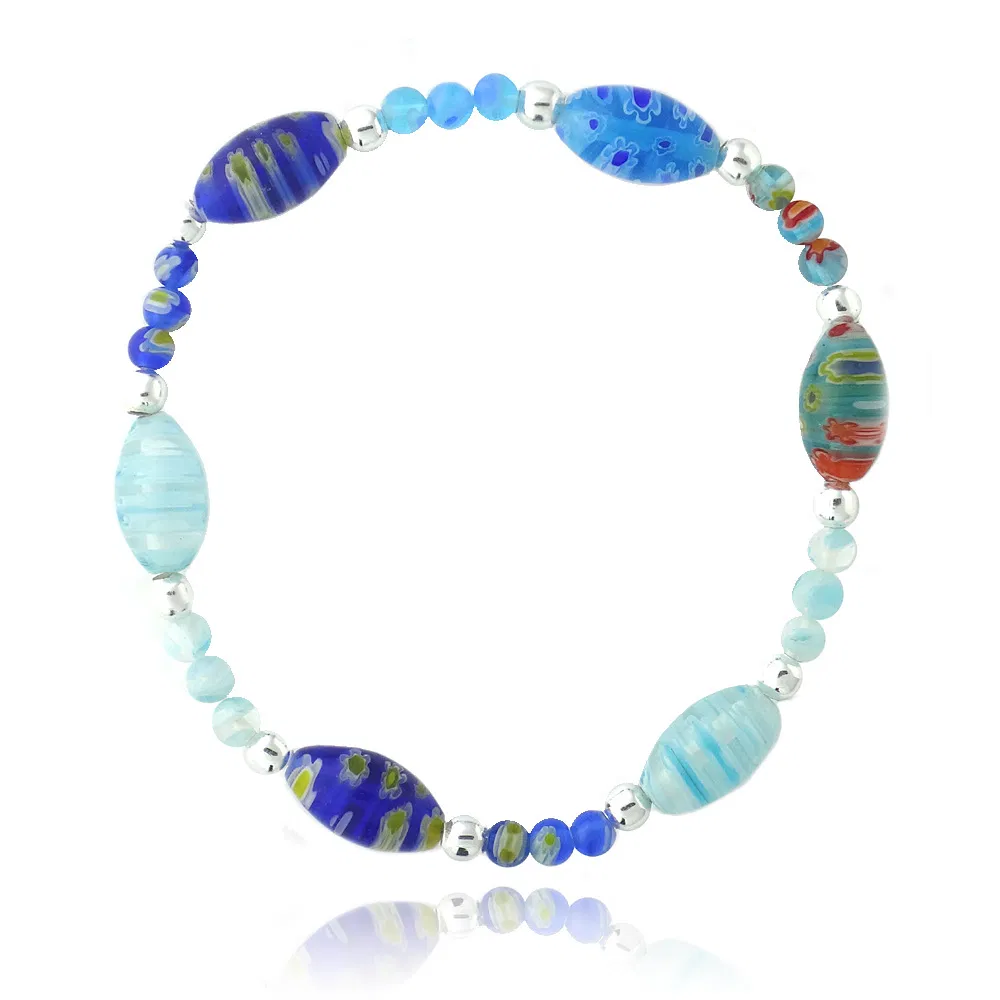 Sterling Silver Multi-Blues Millifiori Murano Glass Oval & Bead Stretch Bracelet - Grocery