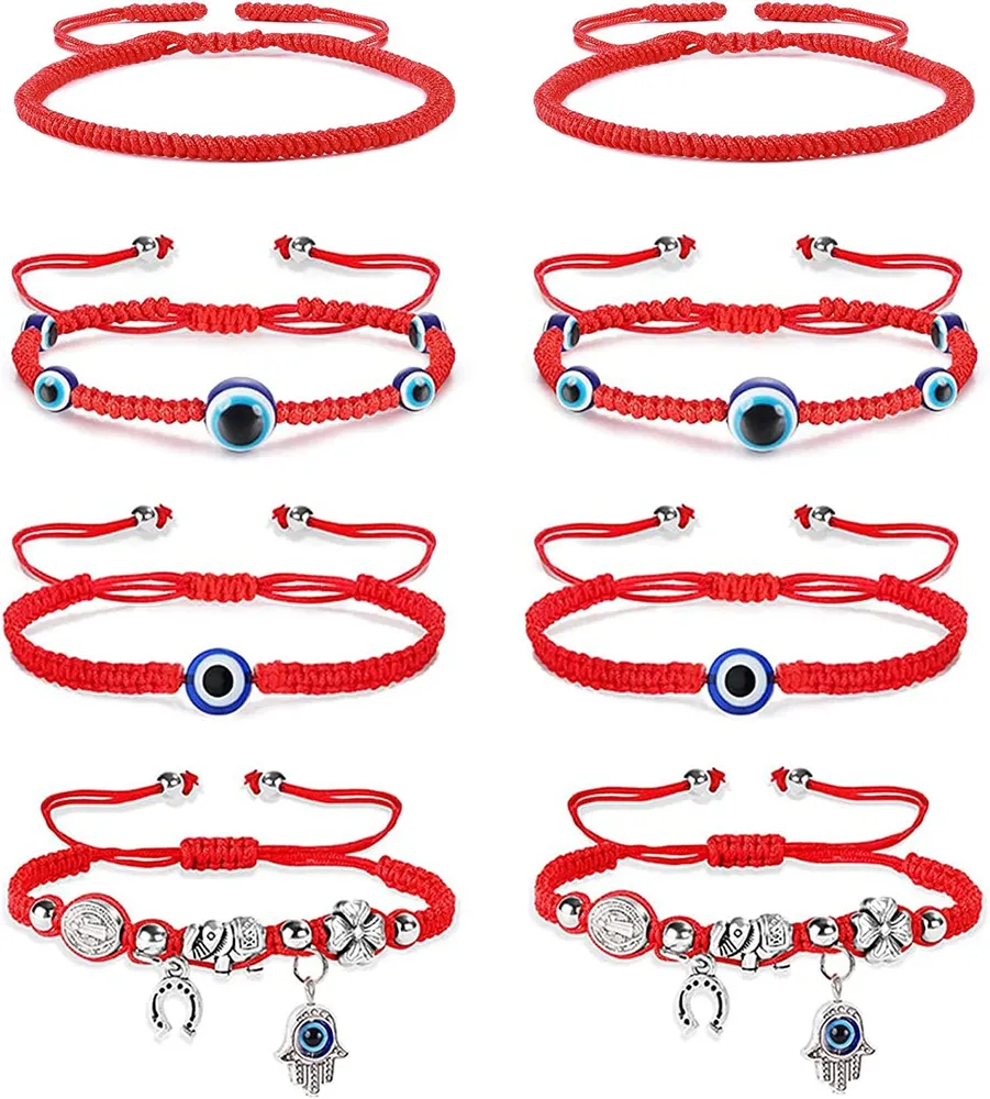 8PCS Evil Eye Bracelet Lucky Red String Bracelet Handmade Braided Rope Bracelet Kabbalah Hand Hamsa Bracelet Couple Family Protection Bracelet - Grocery