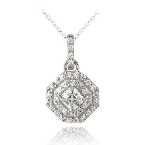 Sterling Silver Assher Cut CZ Octagon Dangle Necklace - Grocery