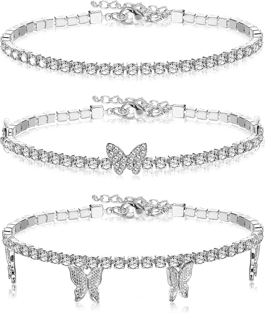 3 PCS Layered Ankle Bracelets Set for Women Butterfly Beach Rhinestone Anklet Adjustable Boho Foot - Grocery