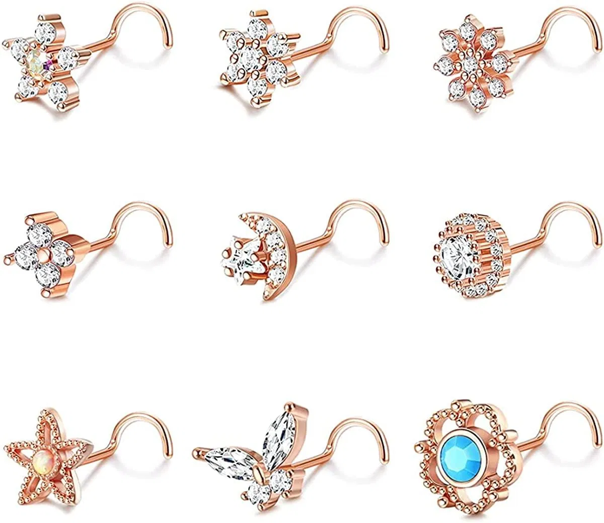 9Pcs 20G Nose Rings Studs for Women Stainless Nose Rings L Shaped Nose Studs Screw Nose Rings CZ Butterfly Moon Star Flower Nose Piercing Ring - Grocery