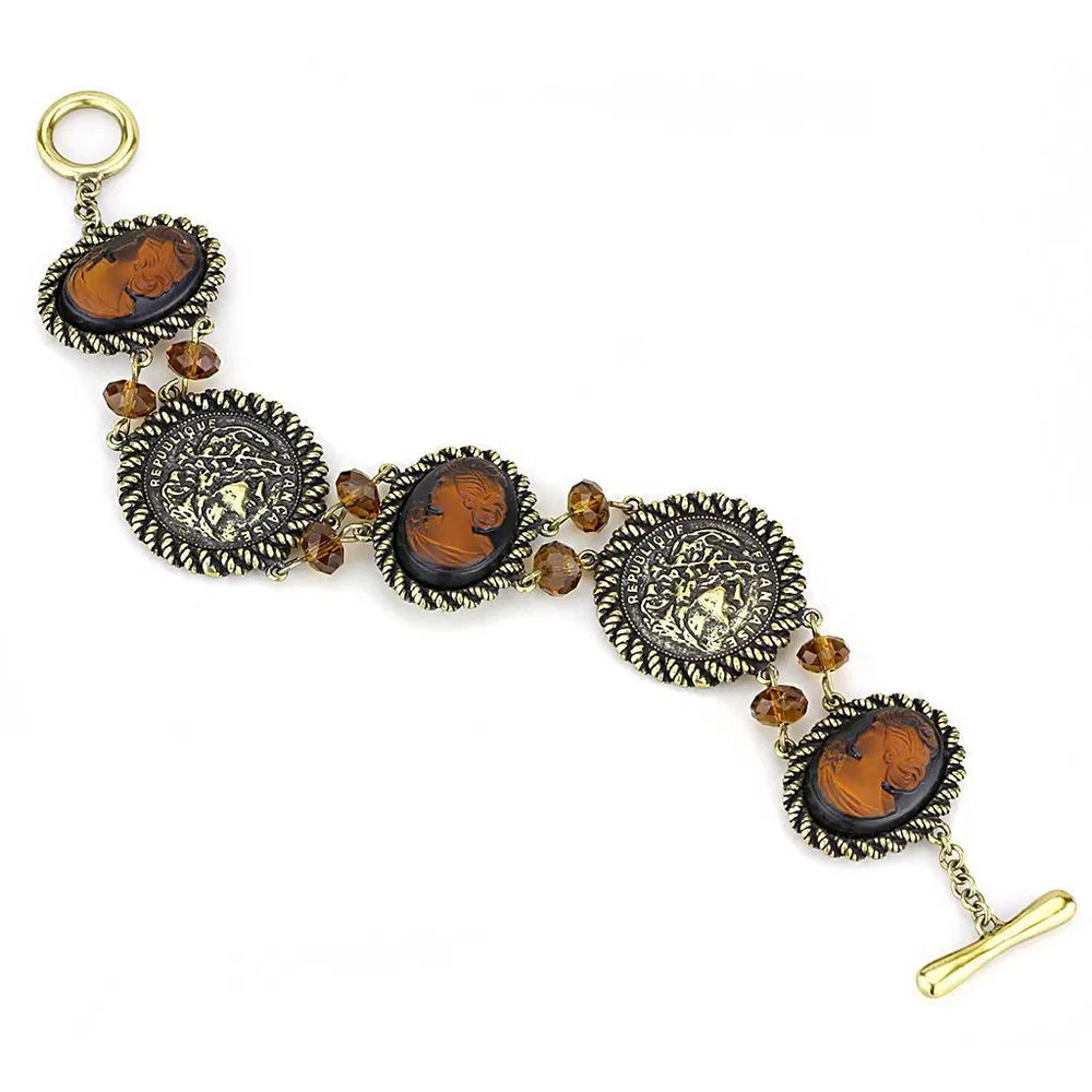 LO4221 - Antique Copper Brass Bracelet with Synthetic Synthetic Stone in Smoked Quartz - Grocery