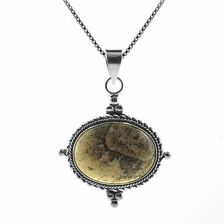 Sterling Silver Genuine Picture Jasper Stone Bali Bead Twisted Border Oval Pendant - Grocery