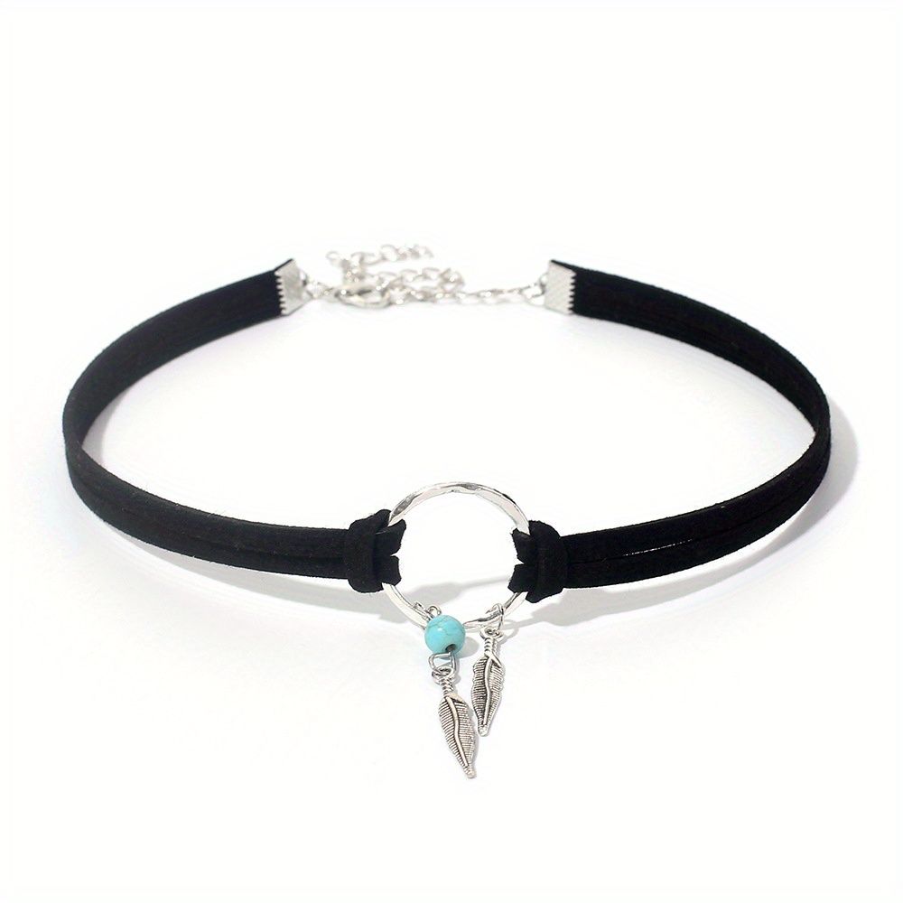 Geometric Circle Korean Style Velvet Necklace Leaf Turquoise Choker Double Necklace - Grocery