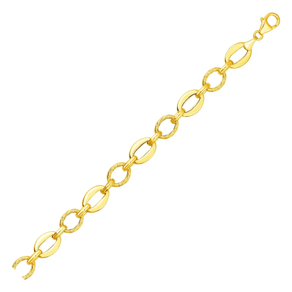 Shiny and Textured Oval Link Bracelet in 14k Yellow Gold - Grocery