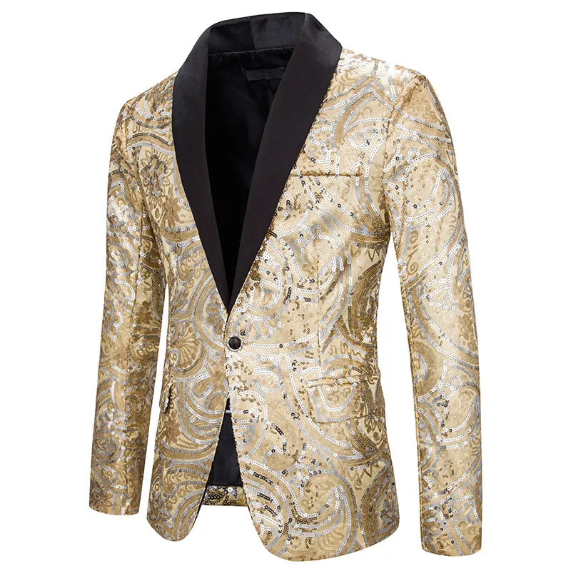 Mens Dress Blazer Gold Sequin Slim Fit Suit Jacket - Grocery