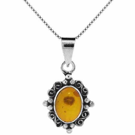 Sterling Silver Oval Amber Filigree Design Pendant - Grocery