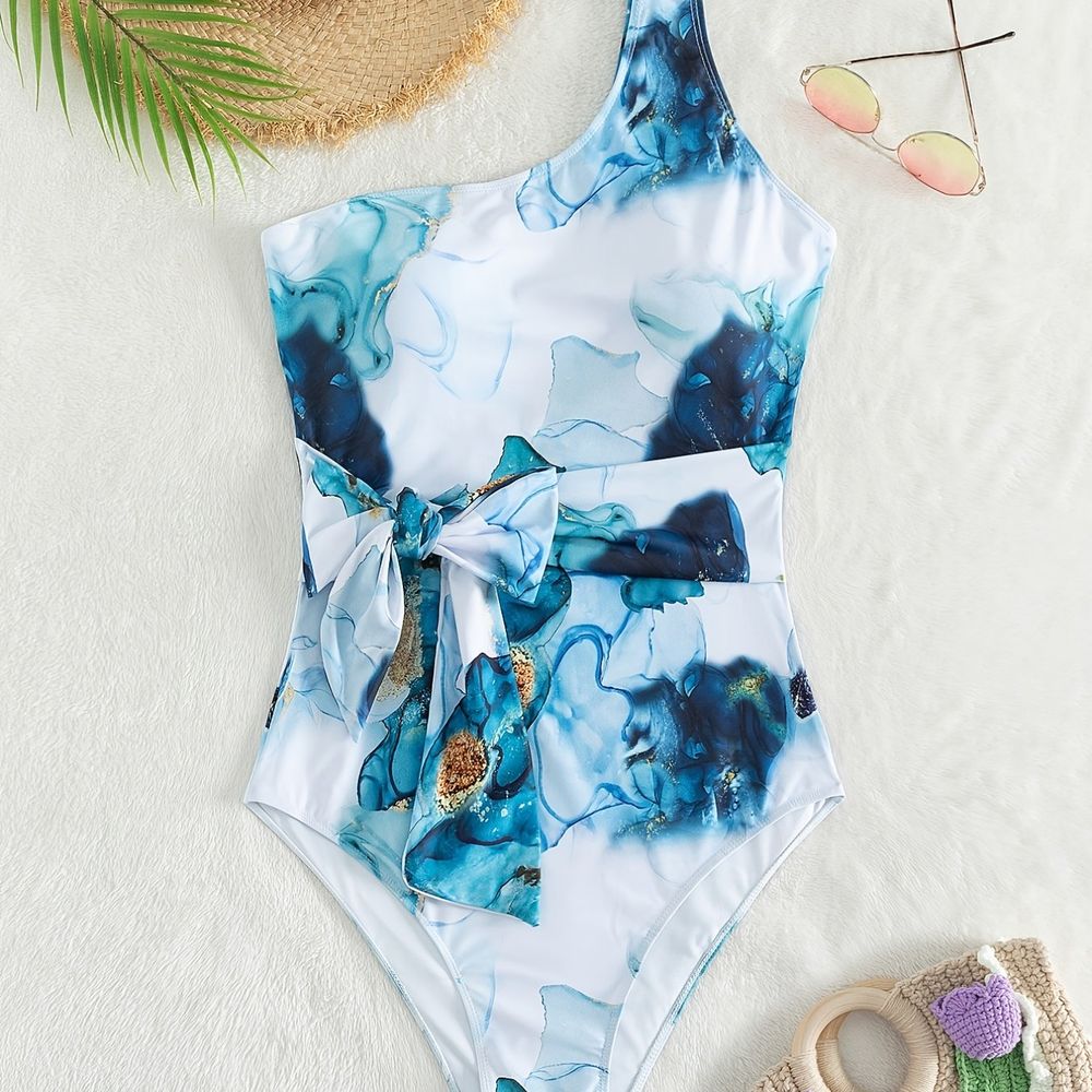 Plus Size Tie Dye Print Side Knot One Shoulder One Piece Swimsuit ...