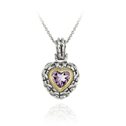 Sterling Silver Two Tone Designer Inspired Amethyst Heart Pendant w/ Braided Border - Grocery