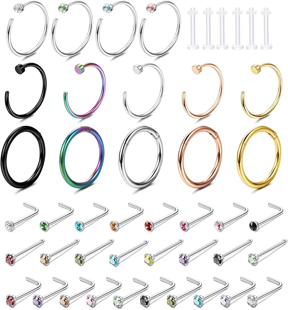 25-62Pcs 20G Stainless Hoop Nose Rings Screw Stud Rings Piercing Colored CZ Inlaid - Grocery