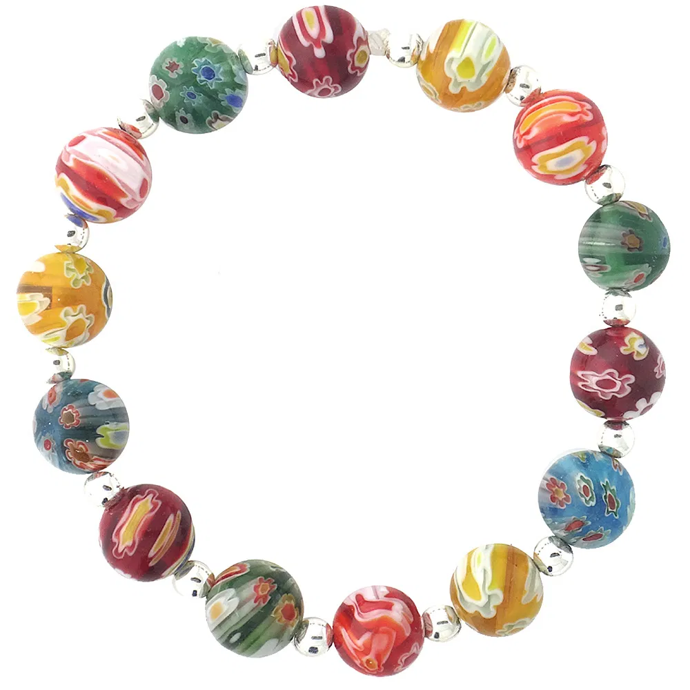 Sterling Silver Multi-Color Millifiori Murano Glass Circle Stretch Bracelet - Grocery