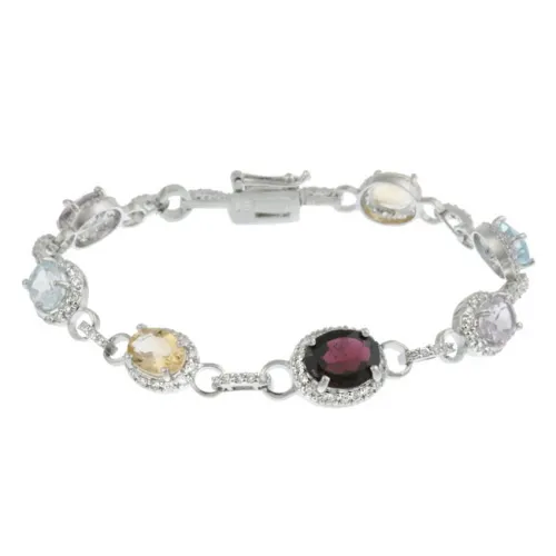 Sterling Silver Multi Color Gemstone & CZ Oval Link Bracelet - Grocery