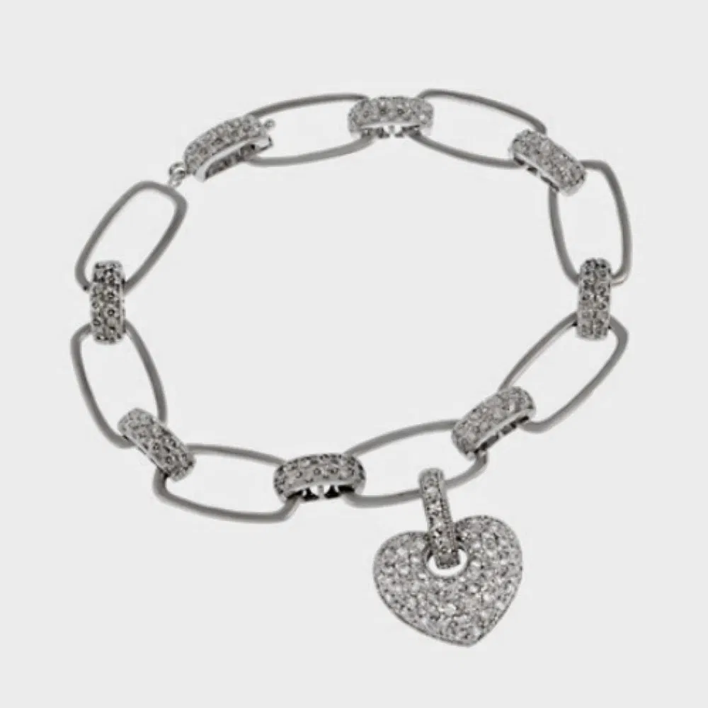Sterling Silver Pave CZ Rectangle Link Bracelet with CZ Heart Charm - Grocery