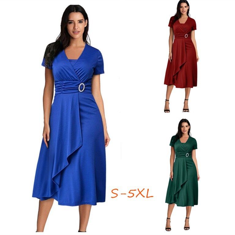 V-neck sleeveless solid color mosaic large swing long dress main image 1