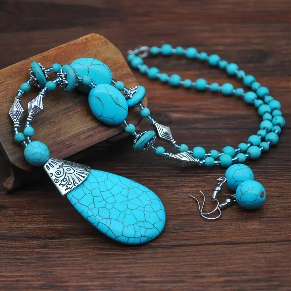 Vintage Turquoise Waterdrop Pendant Necklace Ball Earrings 2pcs/Set Jewelry For Women - Grocery