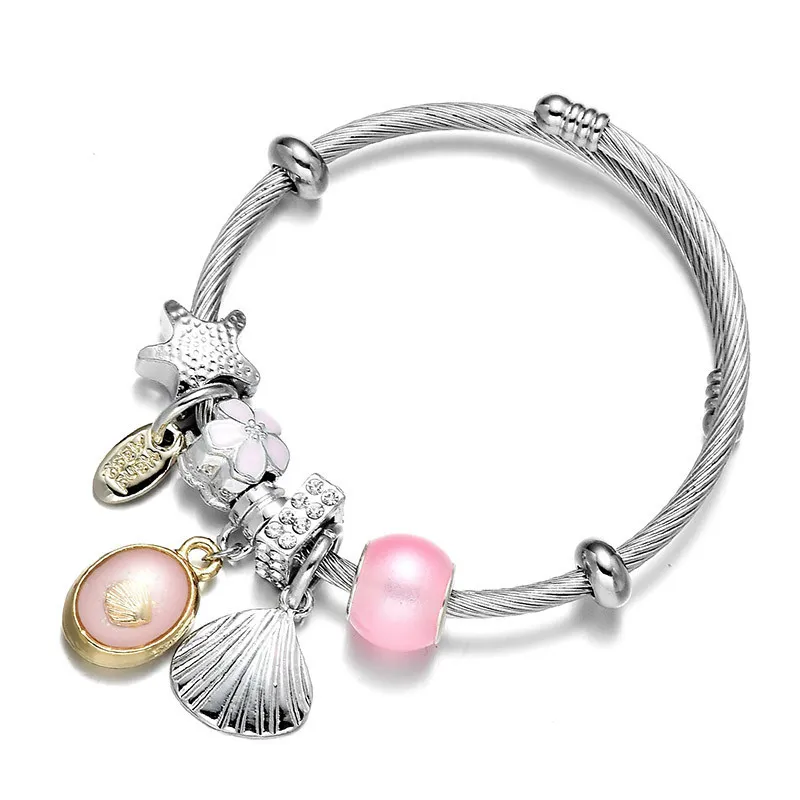Bangle Bracelet Sea Shell Charm Wrap Silver Fashion Jewelry Stainless Steel Bracelet for Women - Grocery