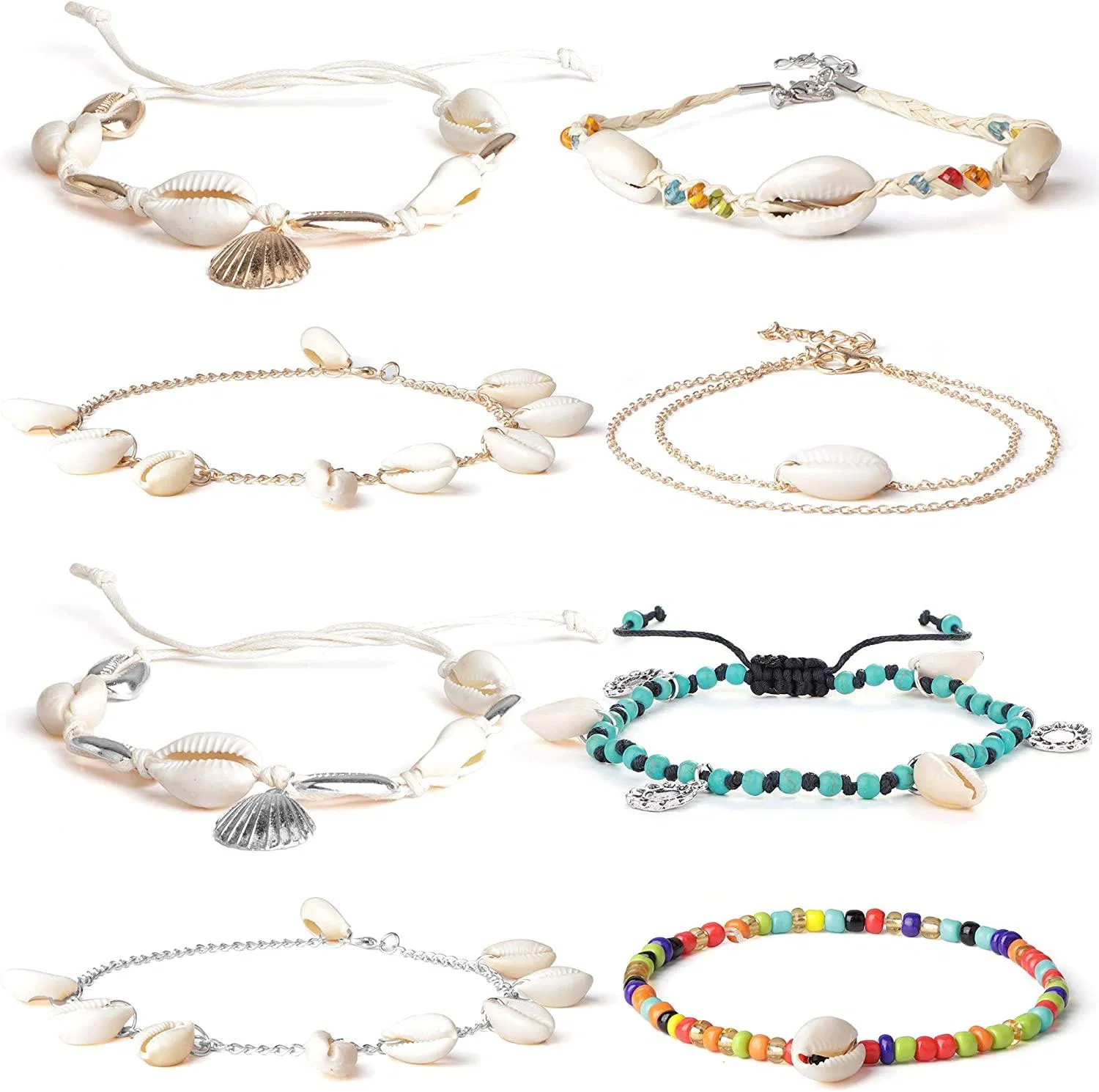 8 Pcs Shell Anklet Bracelets Natural Cowrie Seashell Beads Anklet Handmade Hawaiian Beach Foot for Women Adjustable - Grocery