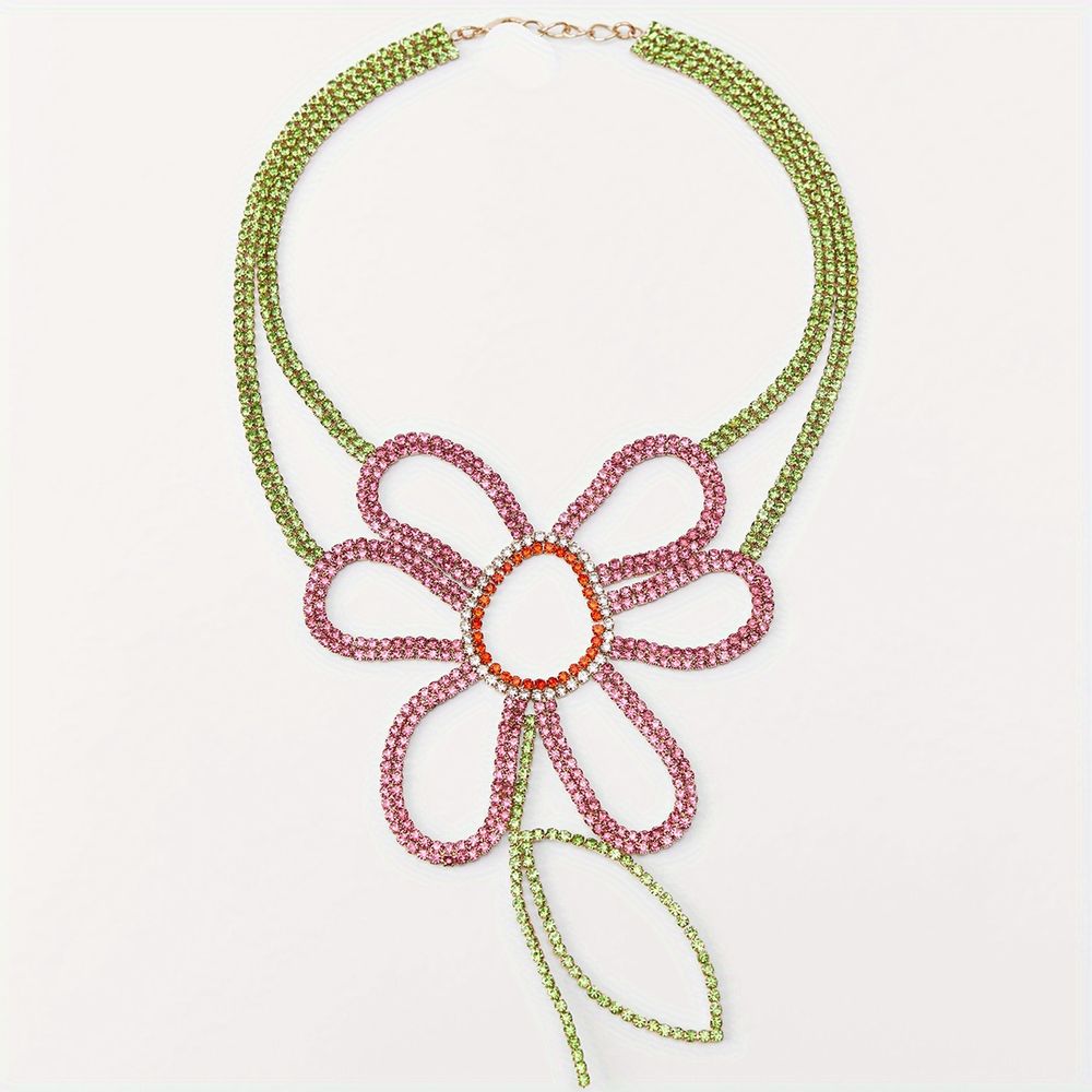Colorful Rose Flower Earrings / Necklace Set Female Exaggerated Rhinestone Flower Elegant Accessories - Grocery