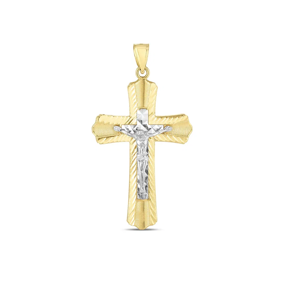 14k Two Tone Gold High Polish Diamond Cut Cross Pendant - Grocery