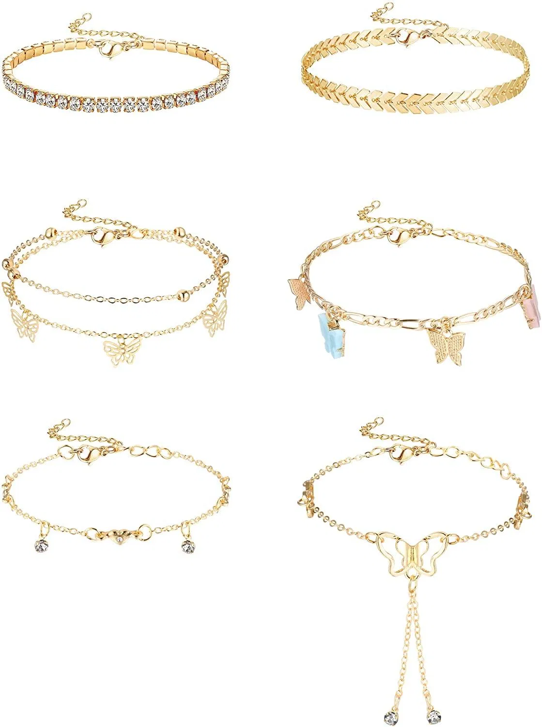 6Pcs Butterfly Chain Anklets for Women CZ Anklet Bracelets Set Adjustable Fashion Evil Eye Anklets - Grocery