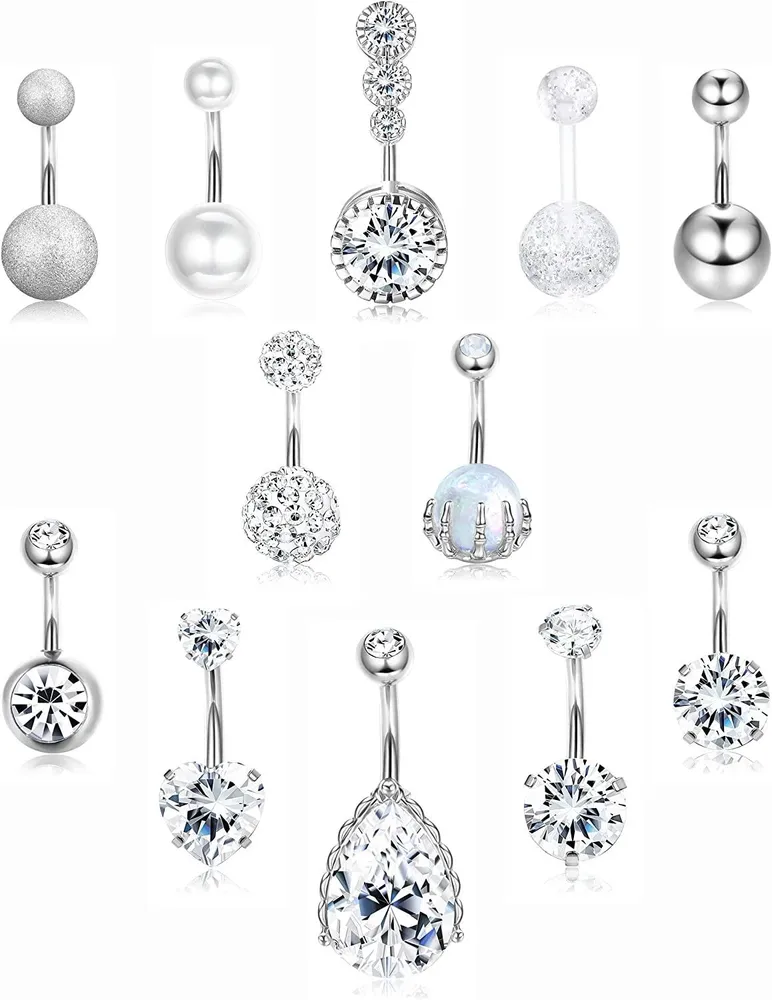 12Pcs 14G Surgical Belly Button Rings for Women Navel Rings CZ Body Piercing - Grocery