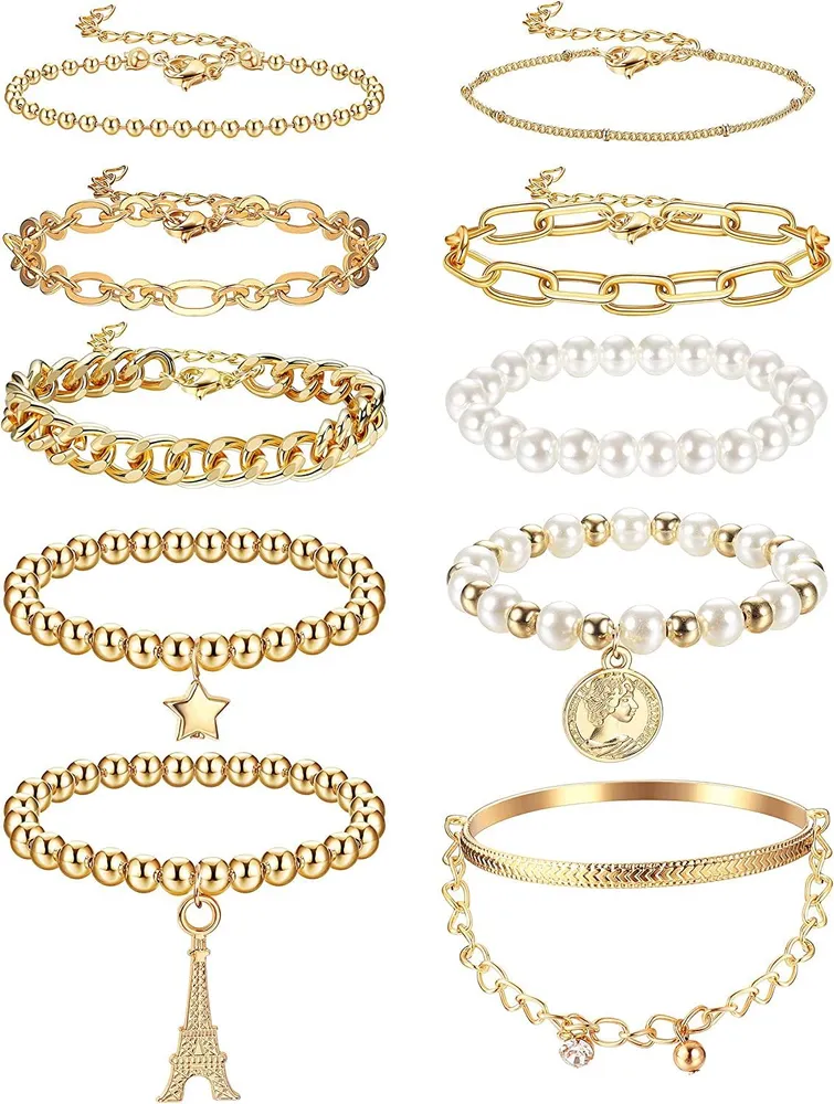 10Pcs Chain Bracelets Set for Women Cuff Bangle Adjustable Dainty Paperclip Link Beads Pearl Cuban Chunky Bracelet - Grocery