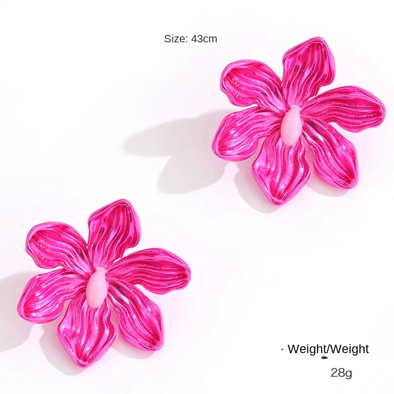 Kenjieshu Color Metal Flower Bowknot Barbie Pink Earrings Women's European and American Cross border Fashion Personality Earrings - Grocery