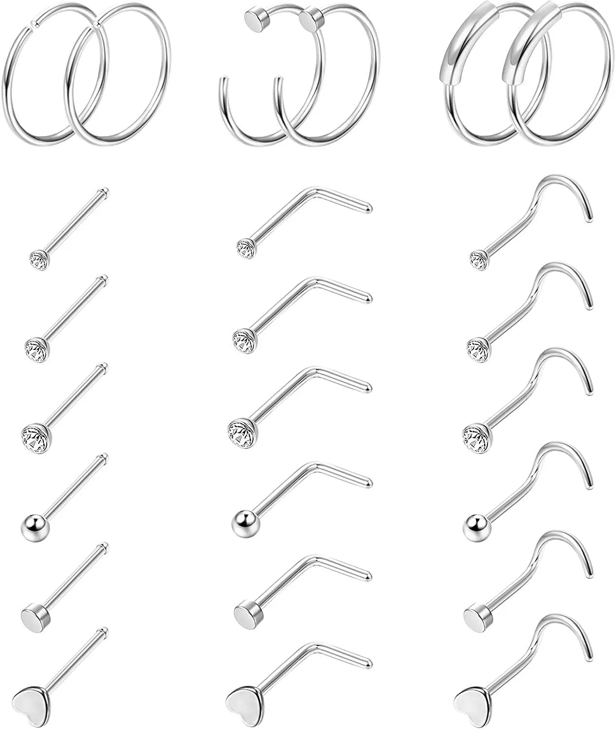 22G Surgical Nose Rings Set Hoops Studs L Shape Screw Nose Piercings for Women Men - Grocery