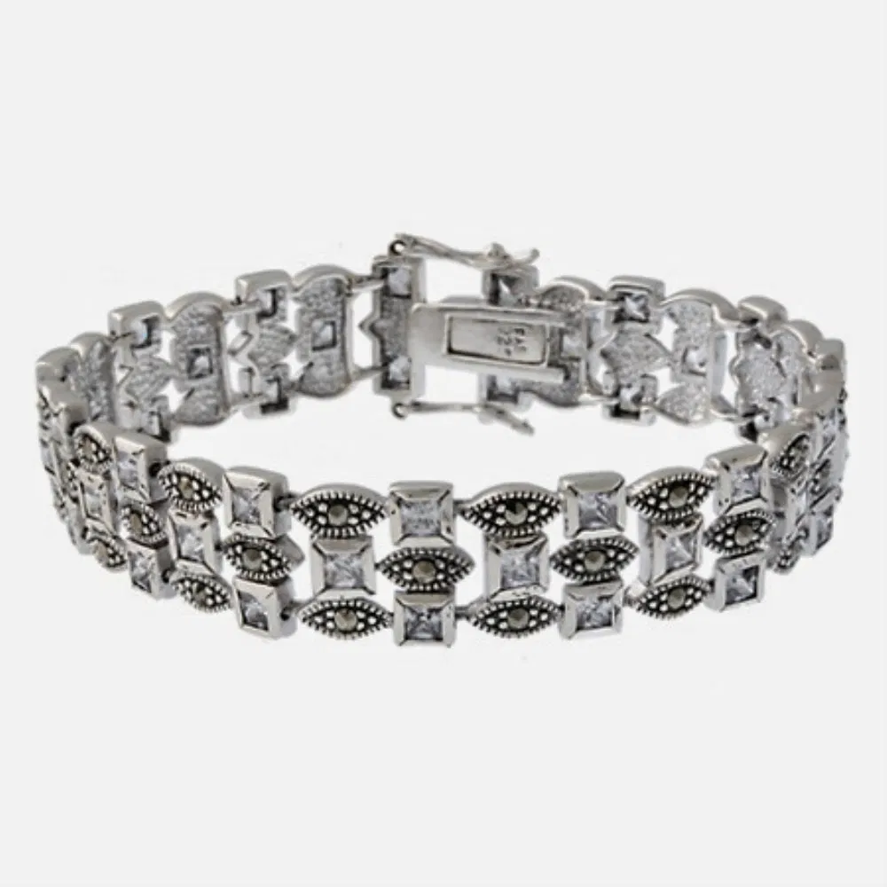 Sterling Silver Marcasite & CZ Three Row Bracelet - Grocery
