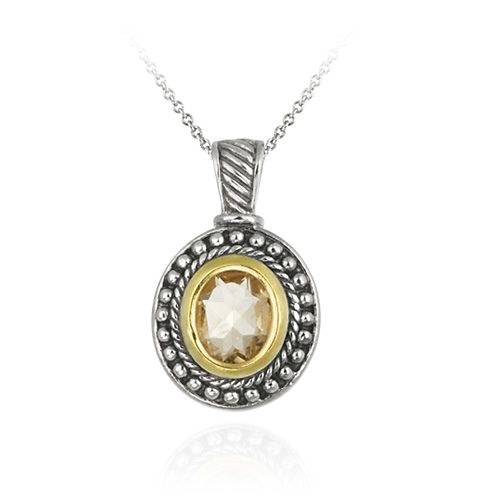Sterling Silver Two Tone Designer Inspired Citrine Oval Pendant w/ Beaded Border - Grocery