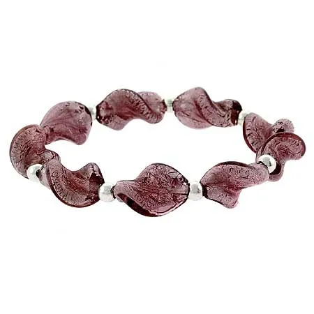 Sterling Silver Purple Glass Twisted Foil Bead Round Glitter Stretch Bracelet - Grocery