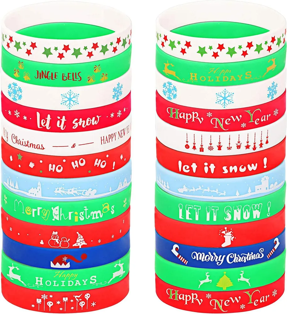 24Pcs Cute Christmas Silicone Bracelets for Xmas Festive Holiday Party Favors Wristbands Rubber Band Bracelets Christmas Decoration - Grocery