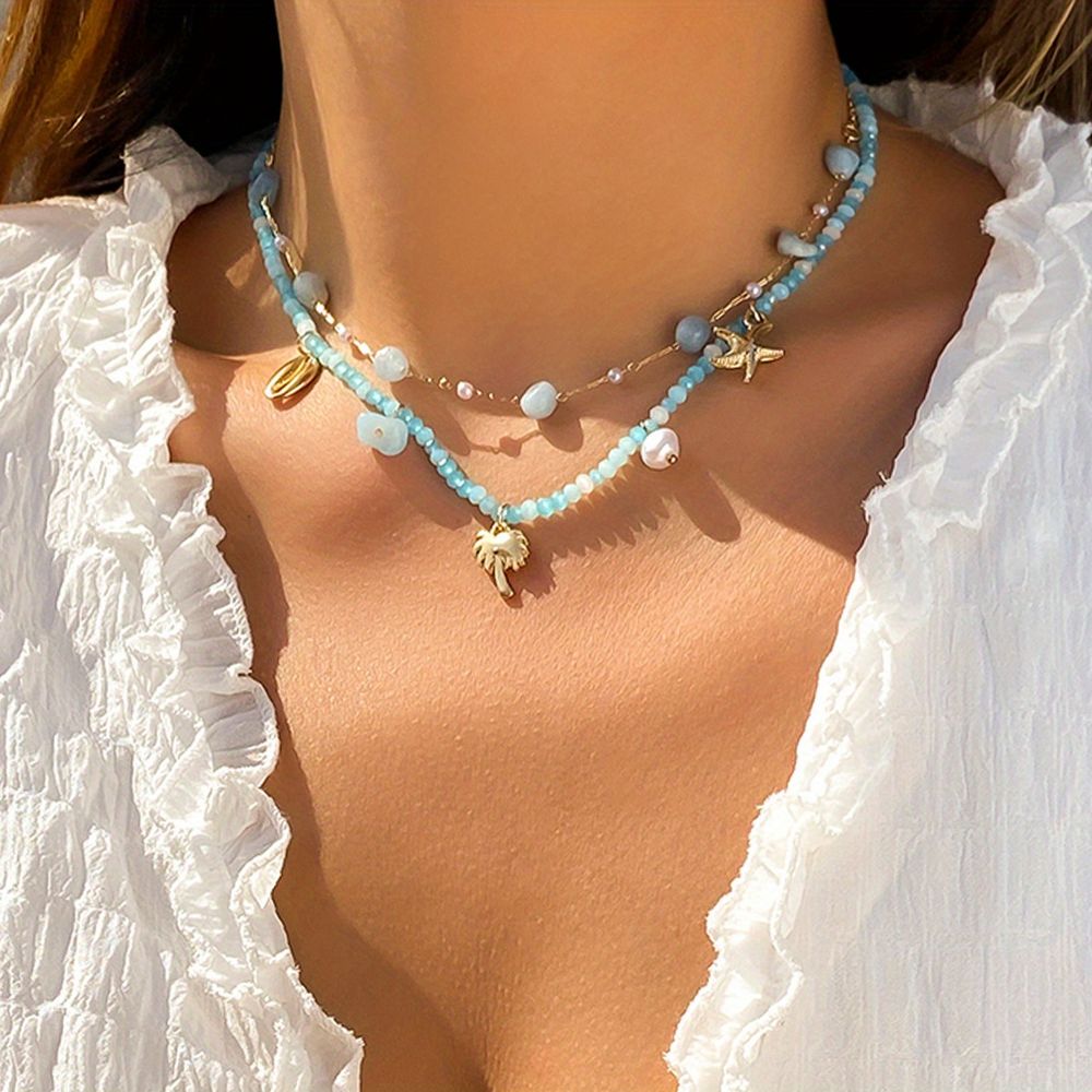 2pcs Crystal Beaded Crushed Stone Faux Pearl Shell Beach Seaside Travel Decor Boho Necklace - Grocery