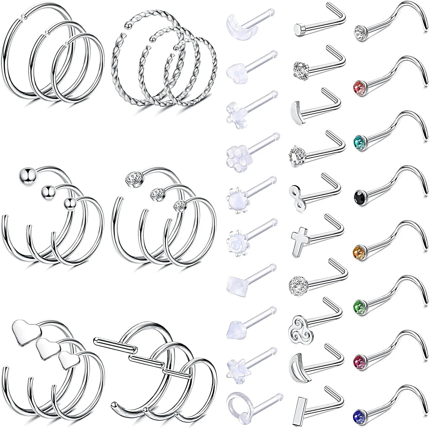 48Pcs 20G Surgical Steel Nose Rings Stud Hoop Nose Rings for Women Men Screw L Shaped Bone Acrylic Clear CZ Inlaid Opal Cute Nose Rings - Grocery