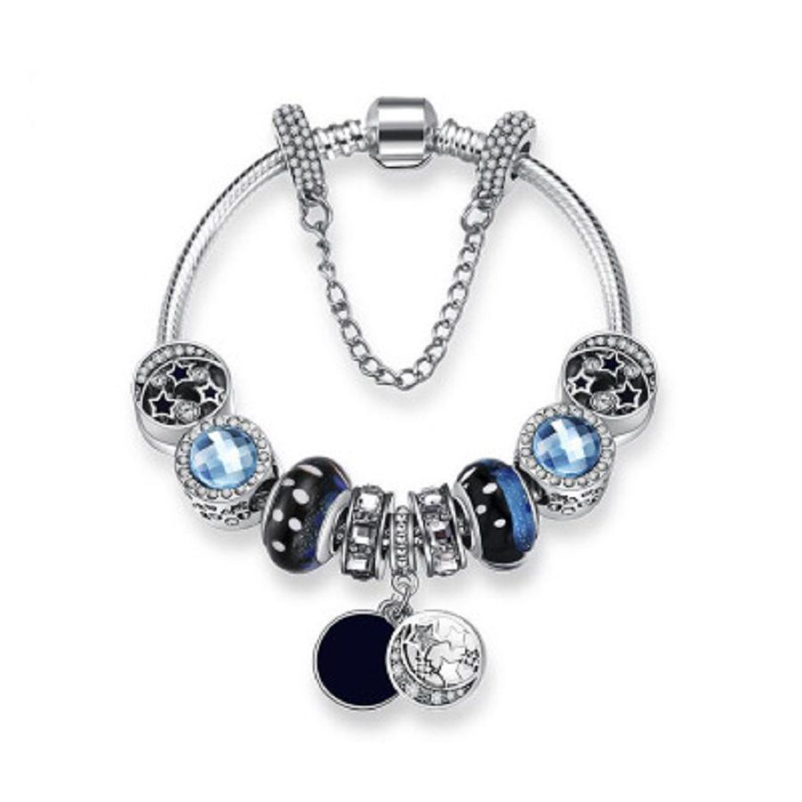 Charm Bracelet Silver-Tone Glass Crystal Beads Star Charm Blue Black Half Moon Dangling Charm - Grocery