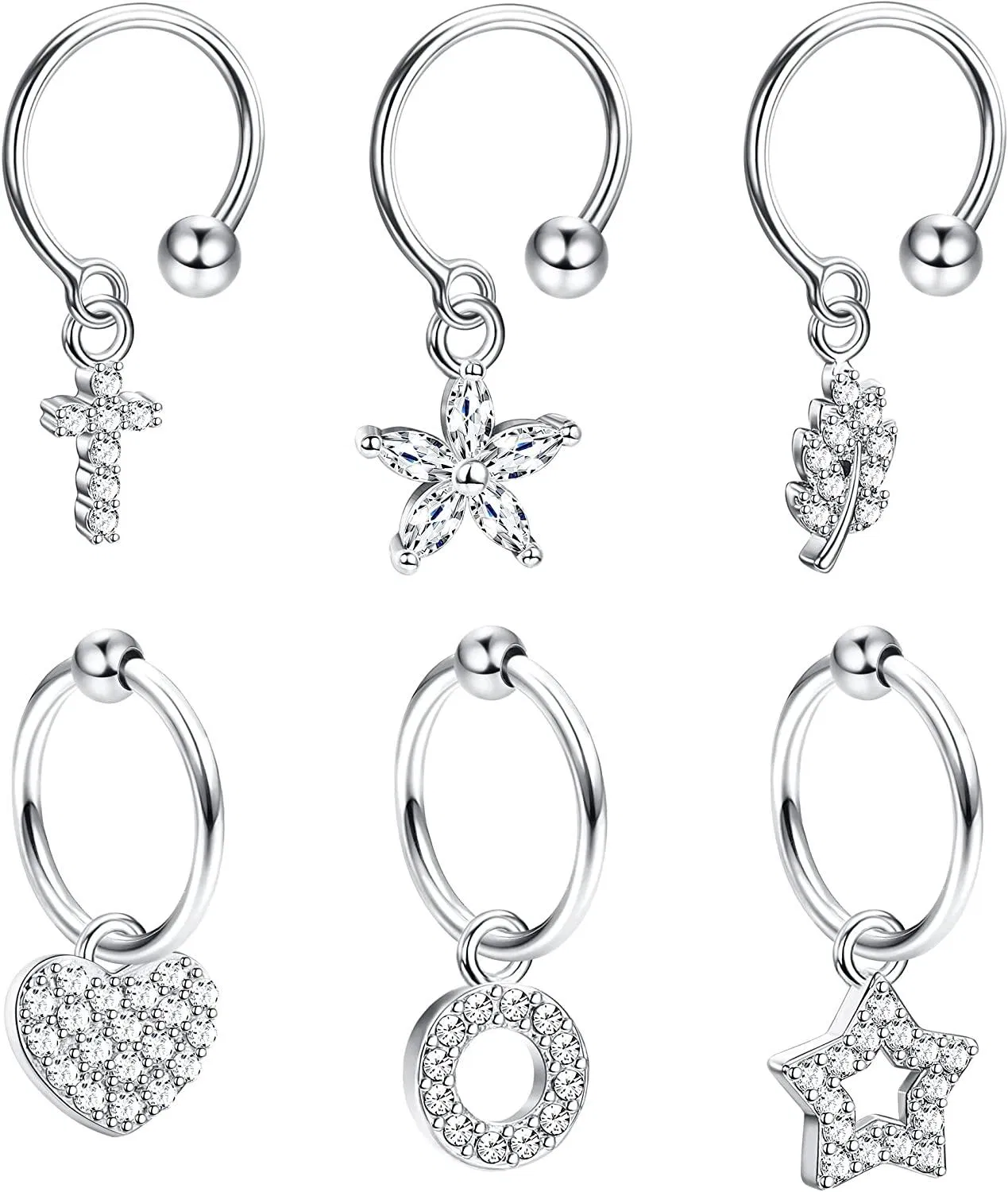 6 Pcs Nose Hoop Rings for Women Paved CZ Flower Leaf Ear Cuffs Helix Cartilage Wrap Earring Ear Piercing Jewelry; cubic-zirconia - Grocery