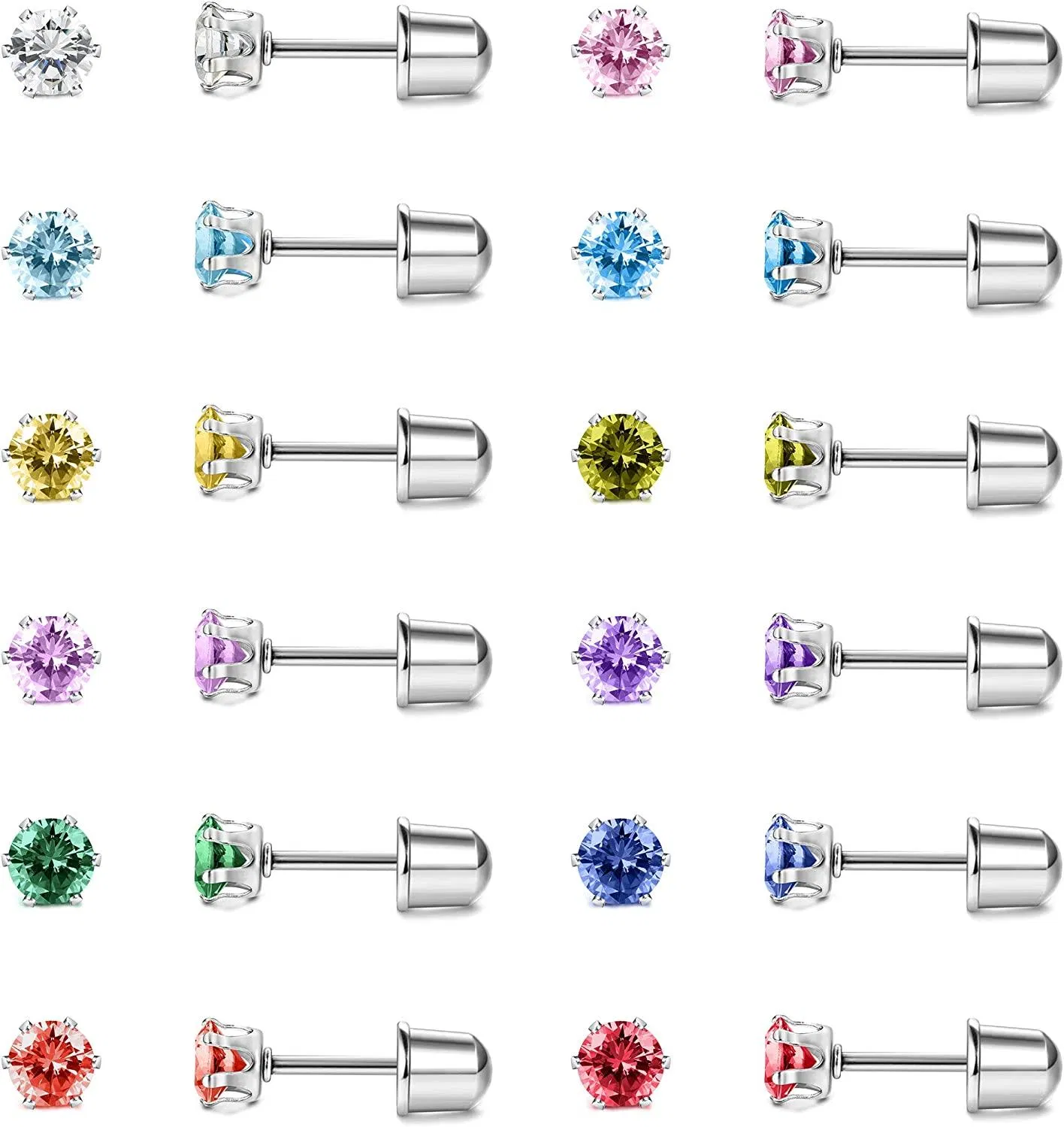 12 Pairs Stud Pierced Earrings for Women Birthstone Earrings Stainless Round Cut CZ Earrings Stud Sets for Women - Grocery