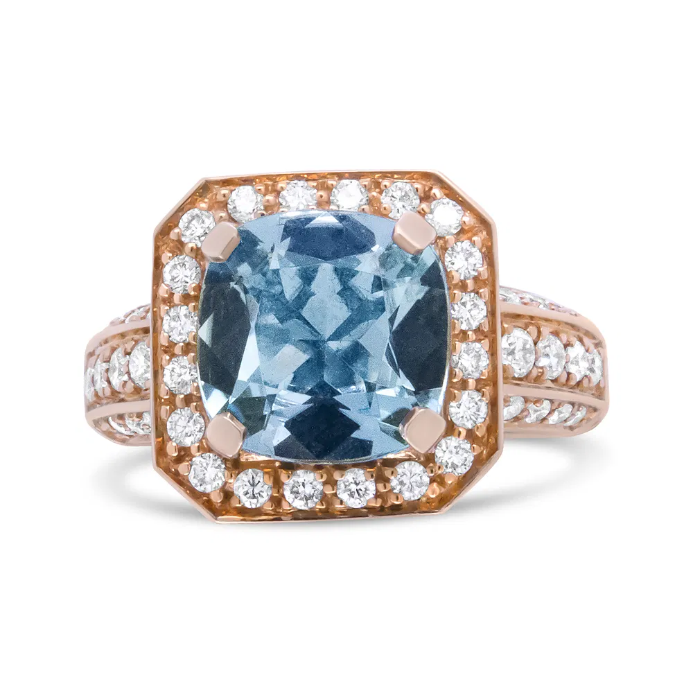 18K Rose Gold 10x10mm Cushion Shaped Aquamarine and 1 1/8 Cttw Round Diamond Halo Ring (F-G Color, VS1-VS2 Clarity) - Ring Size 6.5 - Grocery